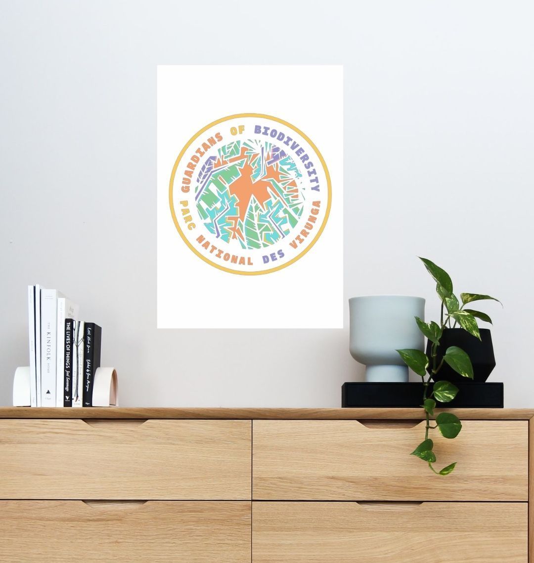 A Guardians of Biodiversity Poster featuring the logo of Virunga National Park with a colorful emblem, displayed on a wall above a wooden cabinet with a plant and various decor items.