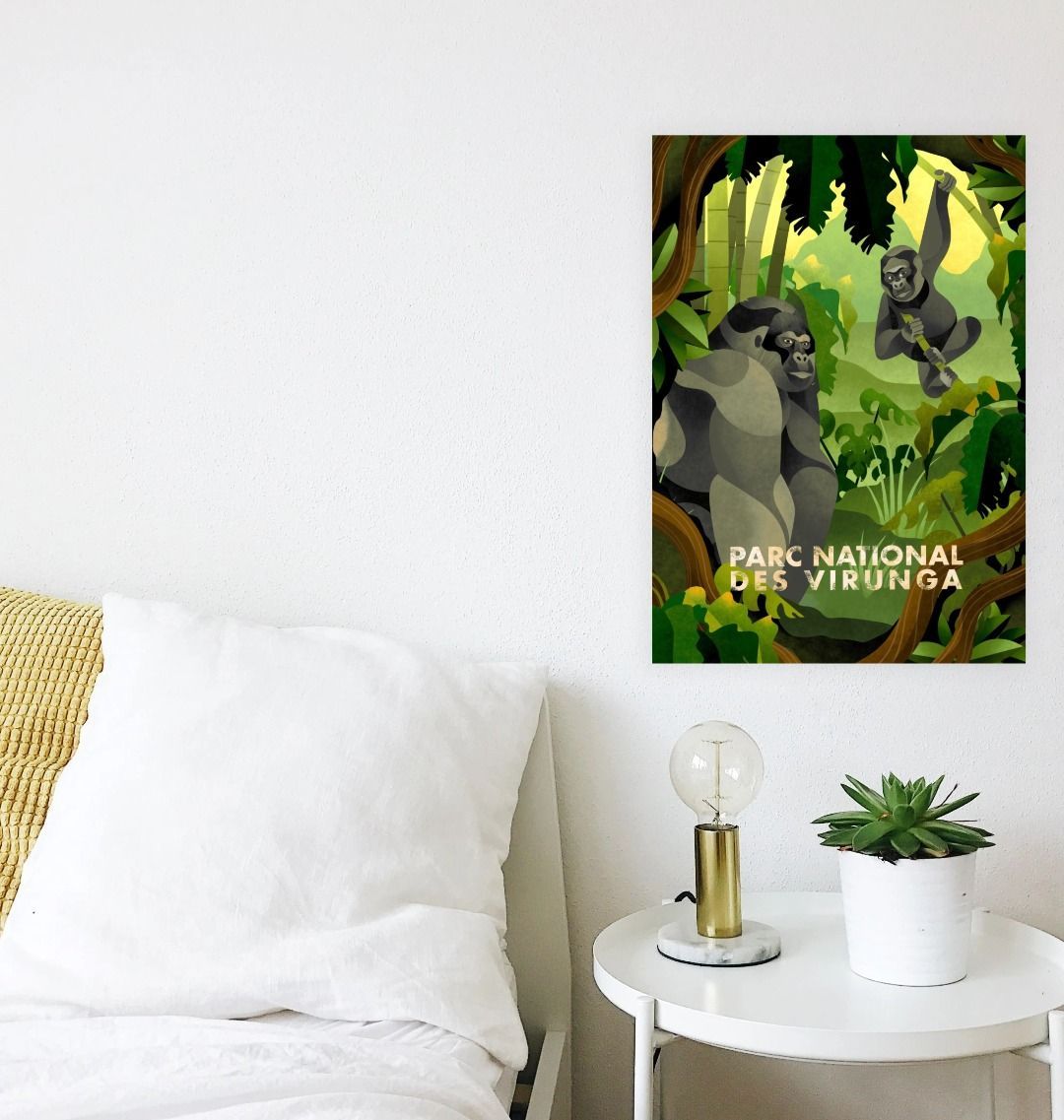 A Mountain Gorilla Trek Poster on a white bedroom hall