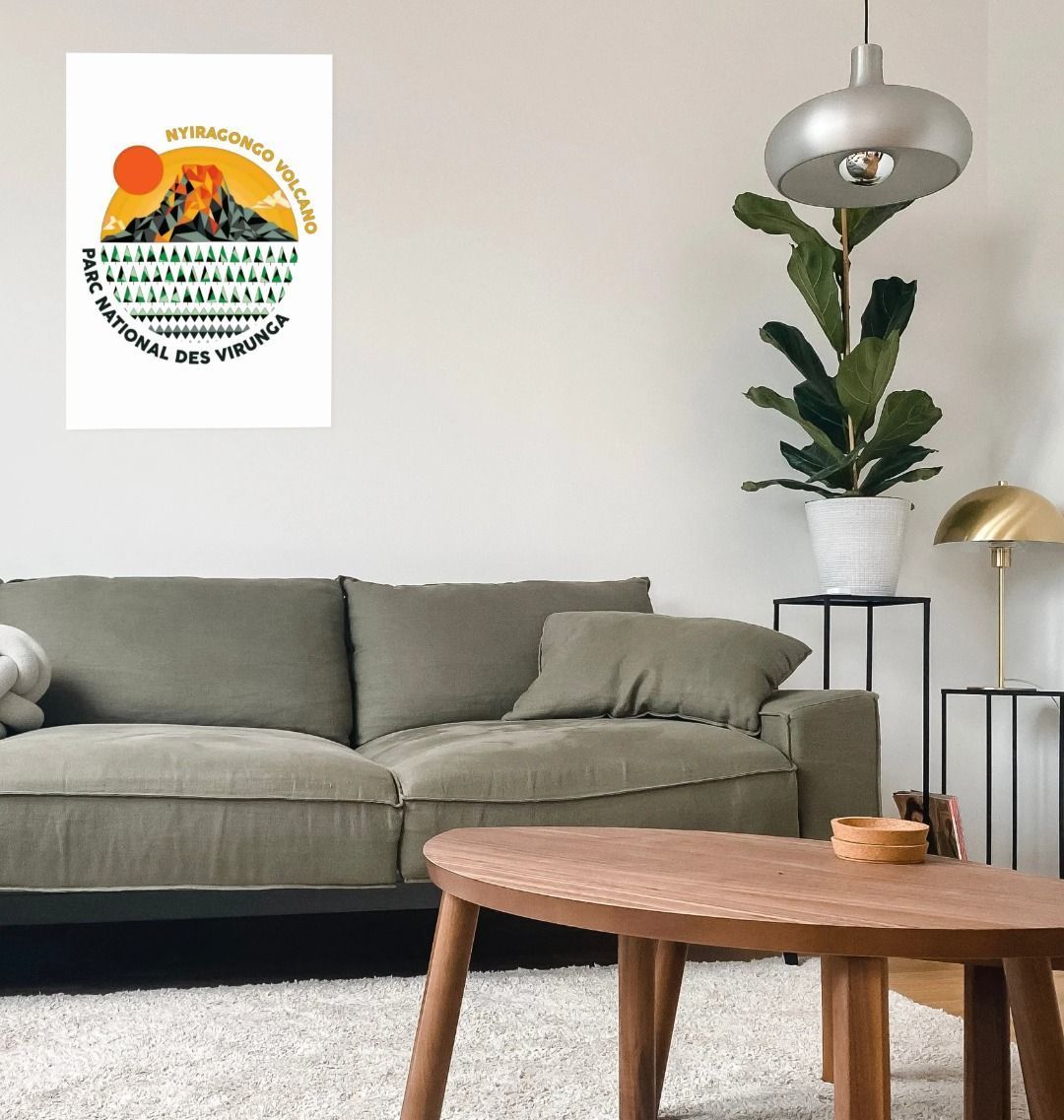 A Nyiragongo Volcano Poster, displayed on a wall in the sitting room