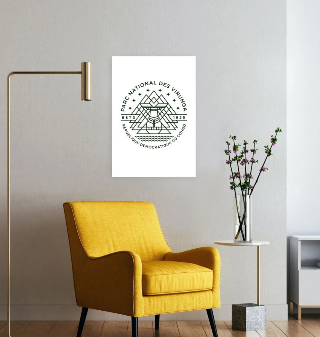 A Virunga Emblem Poster hanging on a wall over a yellow armchair.