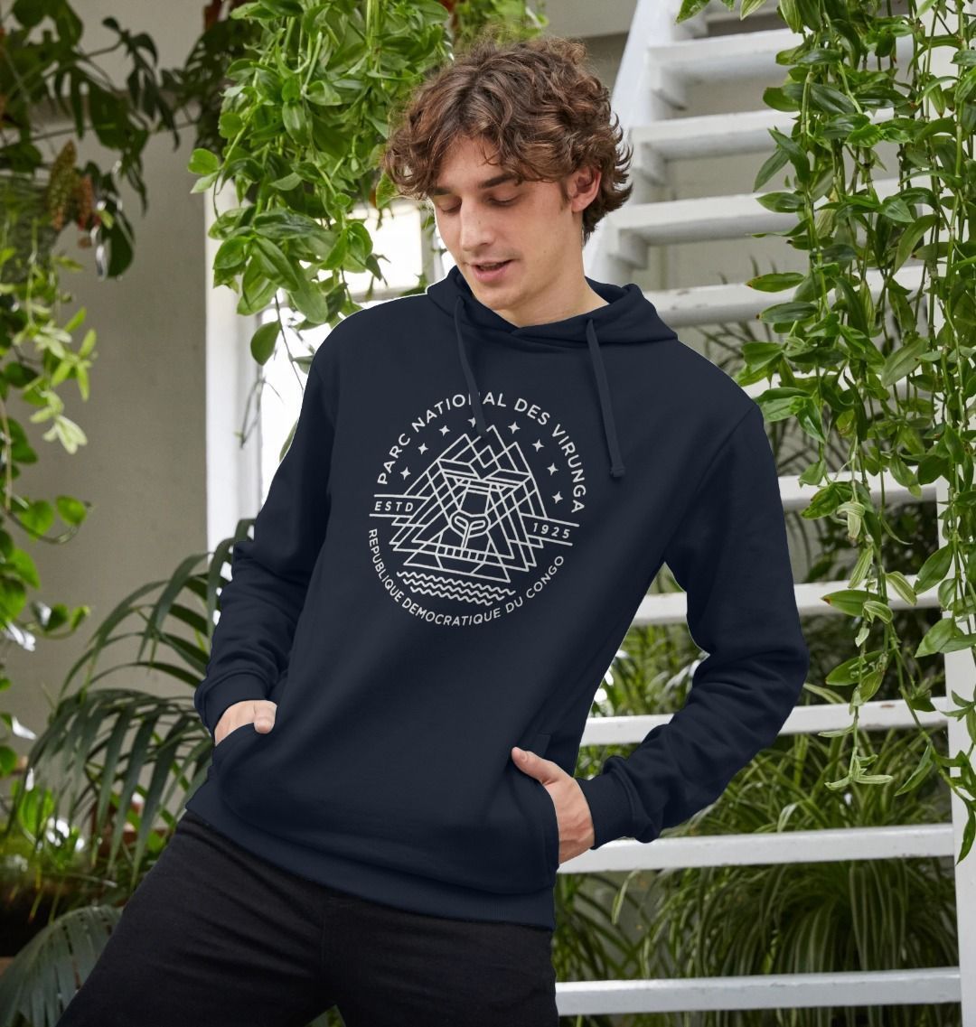 A man wearing a navy blue Virunga Emblem Men's Hoodie