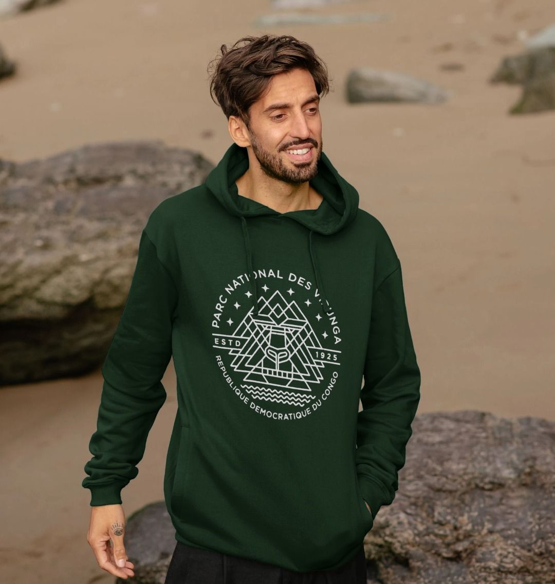 A man wearing an evergreen Virunga Emblem Men's Hoodie