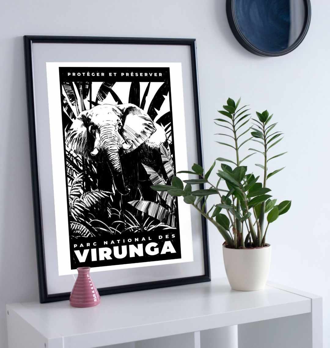 African Elephant Poster, featuring a black and white illustration of an elephant on the bottom part of the frame, placed above a shelf with a plant and a decorative object.