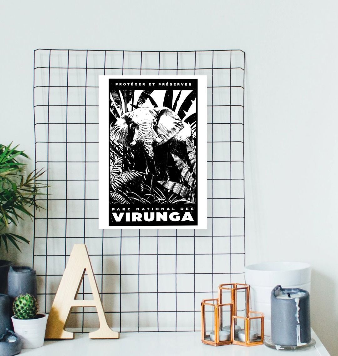 African Elephant Poster, featuring a black and white illustration of an elephant  on a hall