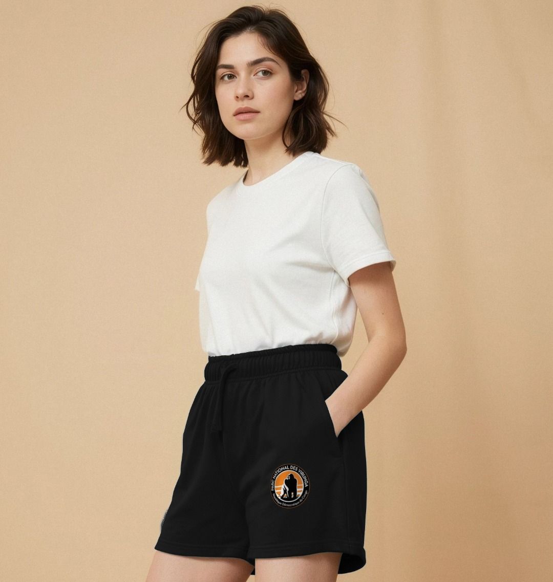 A woman wearing a Black Virunga Logo Women's Shorts