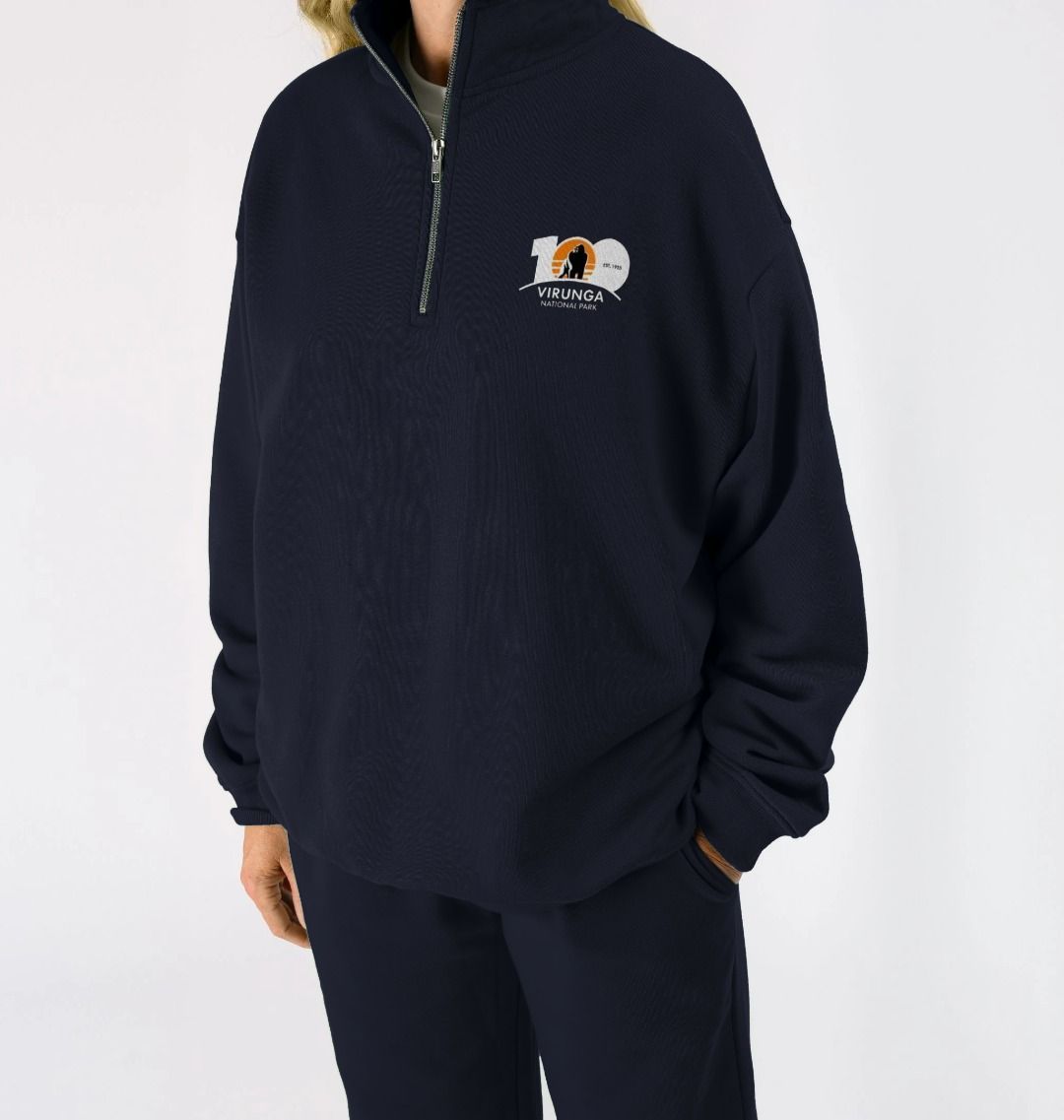 A person wearing Virunga 100 Unisex Zip Pullover