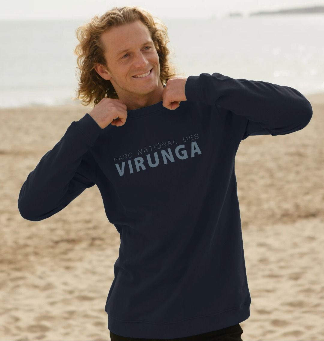 Man wearing a navy blue Parc National des Virunga Men's Sweater