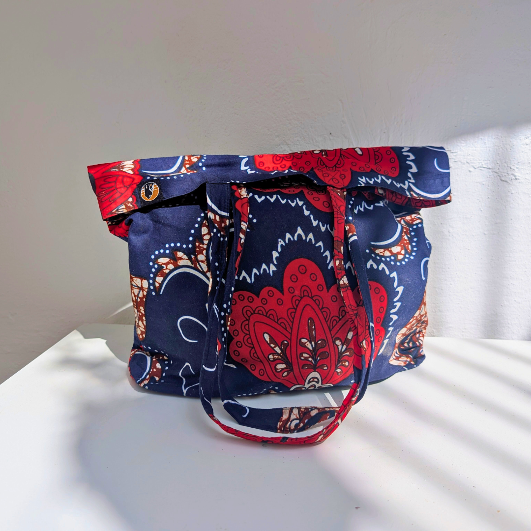 Blue and red tote bag