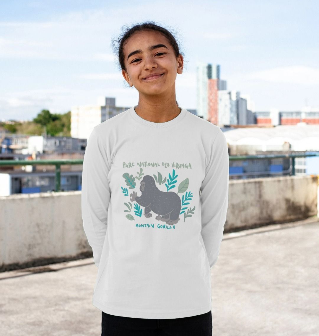 A Kid Wearing a White Gorilla Kids Long Sleeve