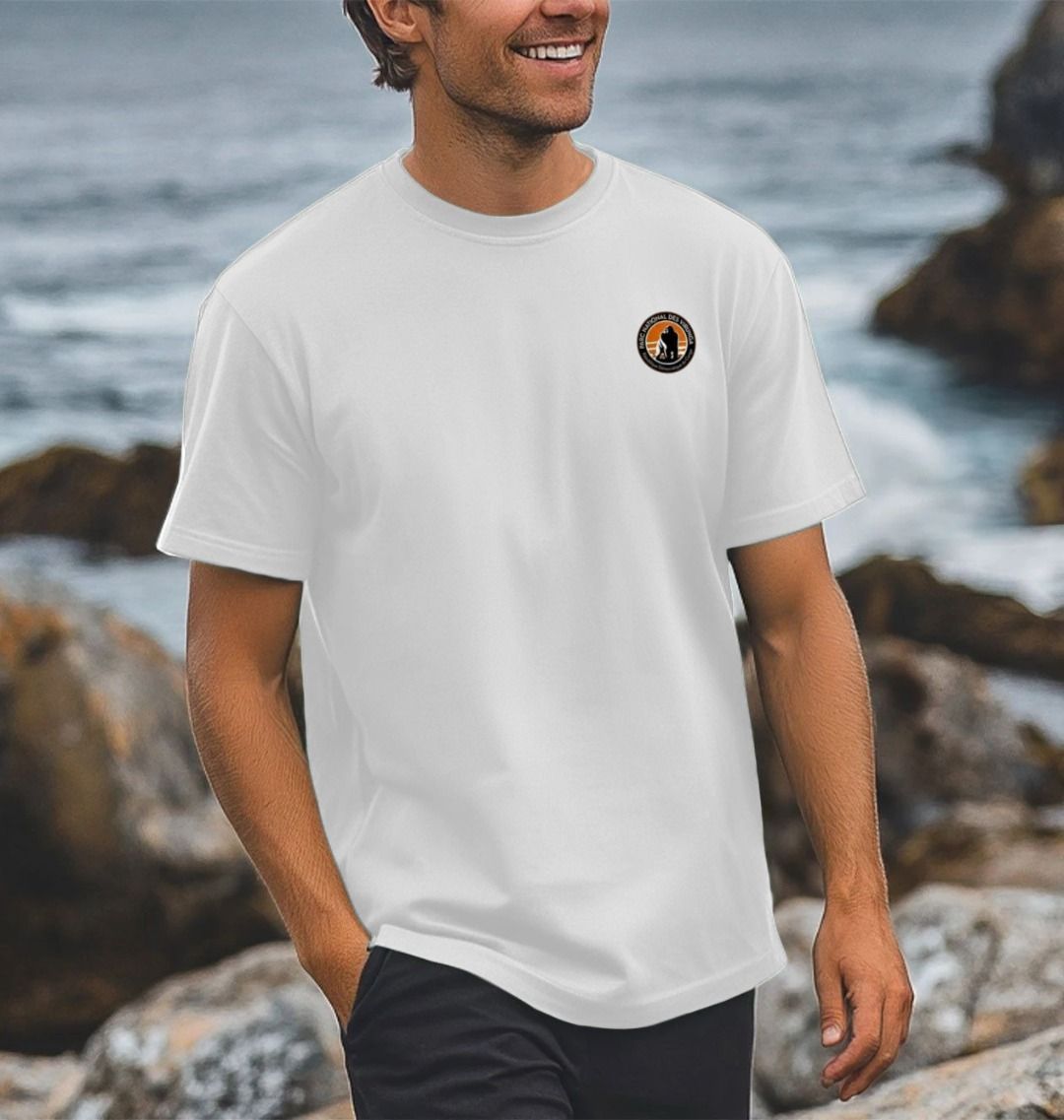 A Man Smiling and Wearing a White Retro Elephant Men's T-shirt