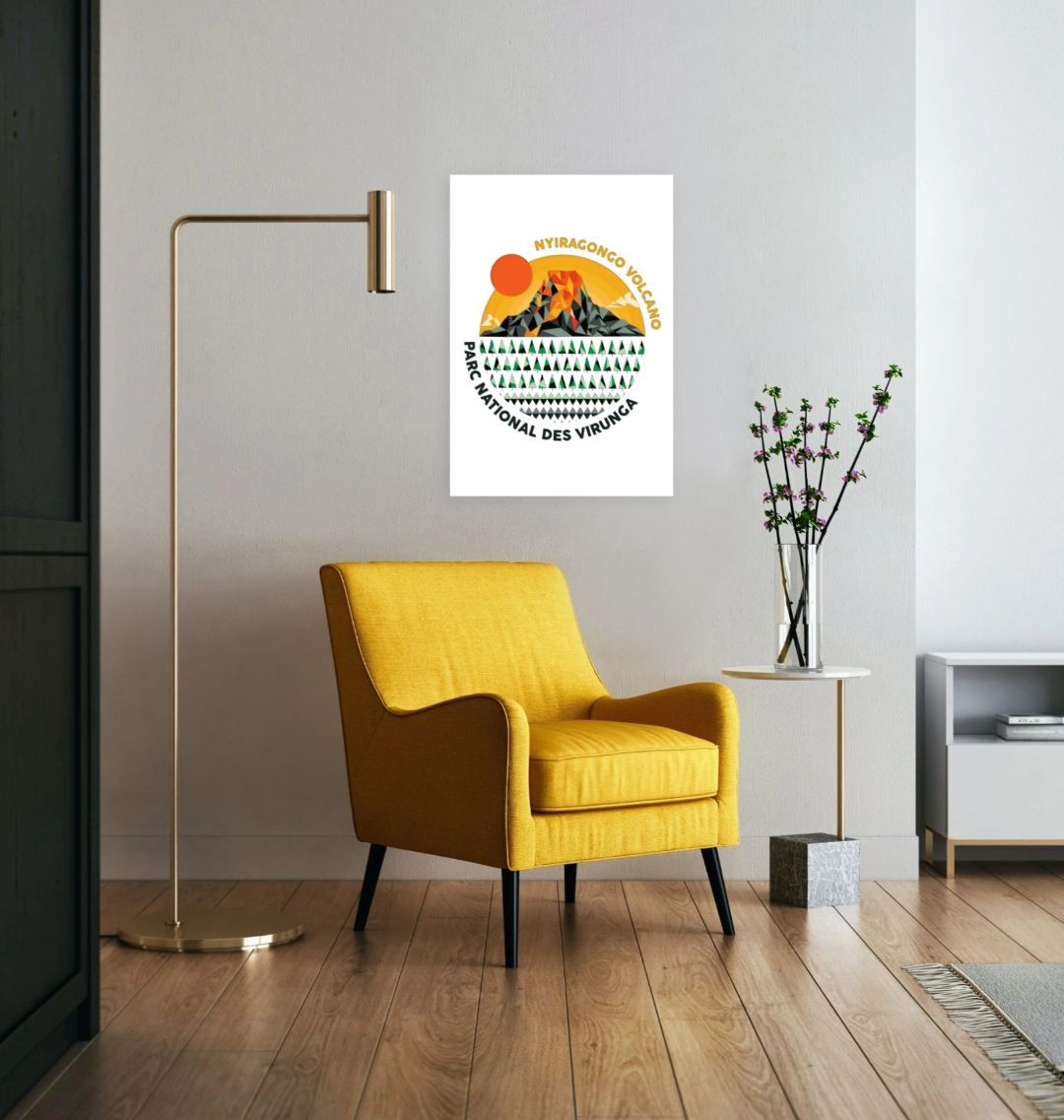 A Nyiragongo Volcano Poster, displayed on a wall in the sitting room 