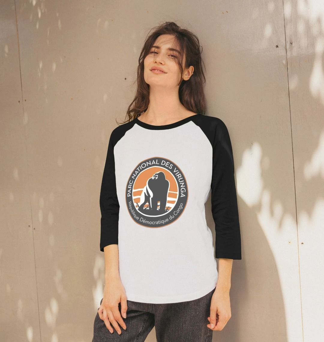 A White Woman Wearing a Black White Virunga Logo Women's Longsleeve