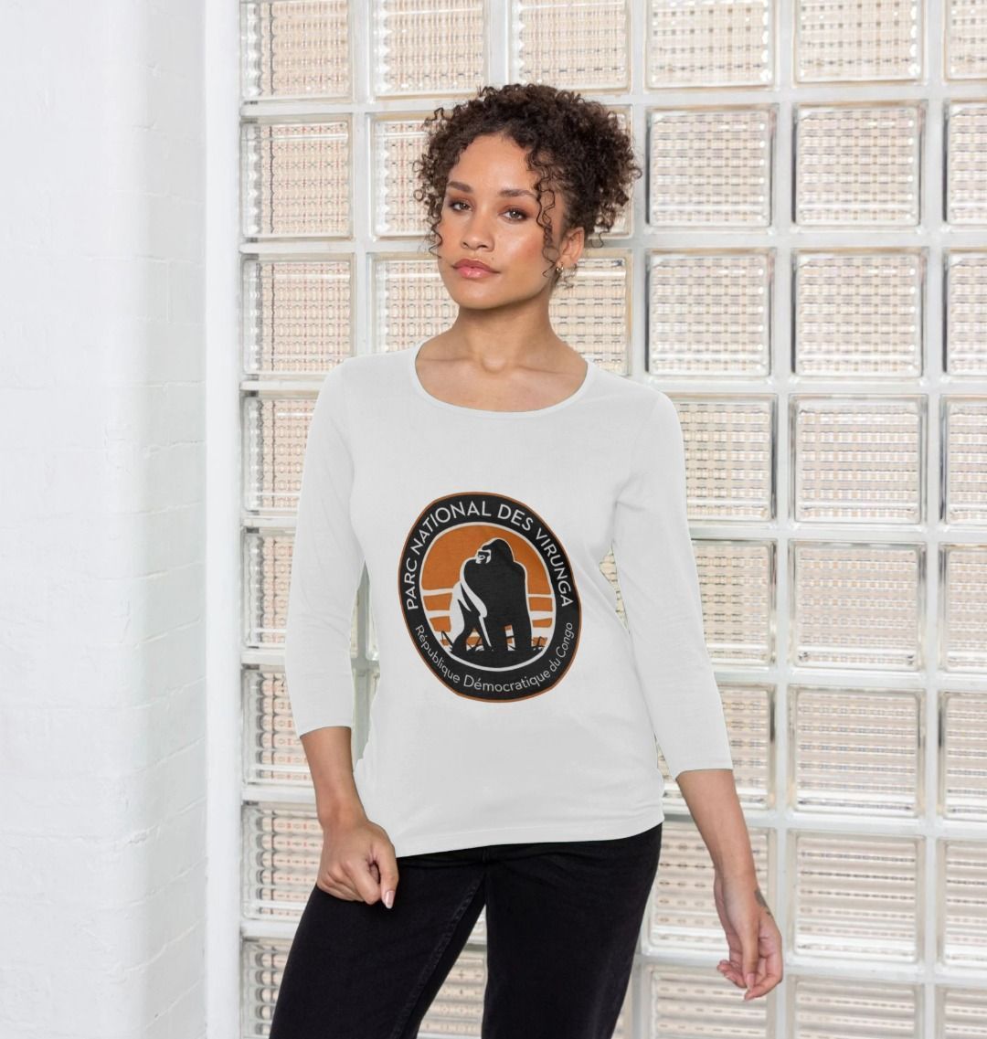 A White Woman Wearing a White Virunga Logo Women's 3/4 Sleeve T-shirt