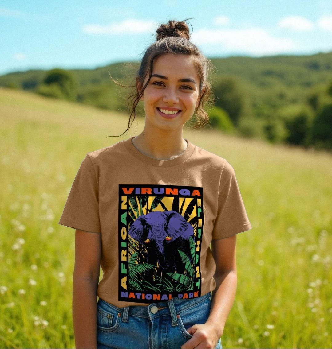 Woman Wearing a Sand Retro Elephant Women's T-shirt in a field