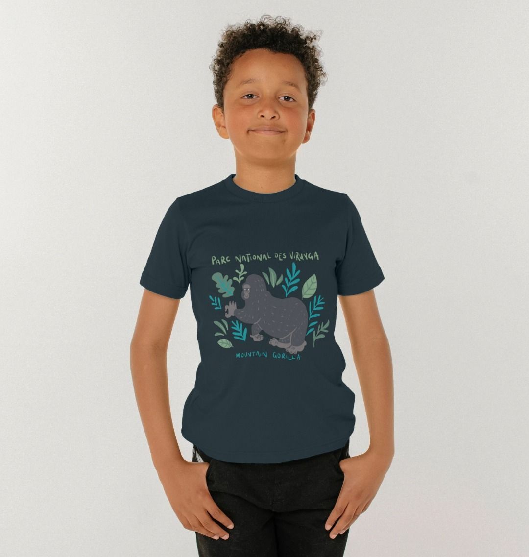 A child wearing a denim blue kid's gorilla t-shirt