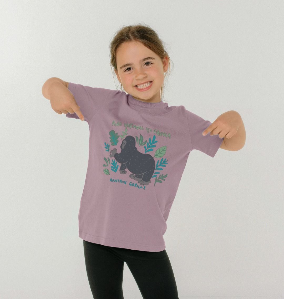 A child wearing a mauve kid's gorilla t-shirt