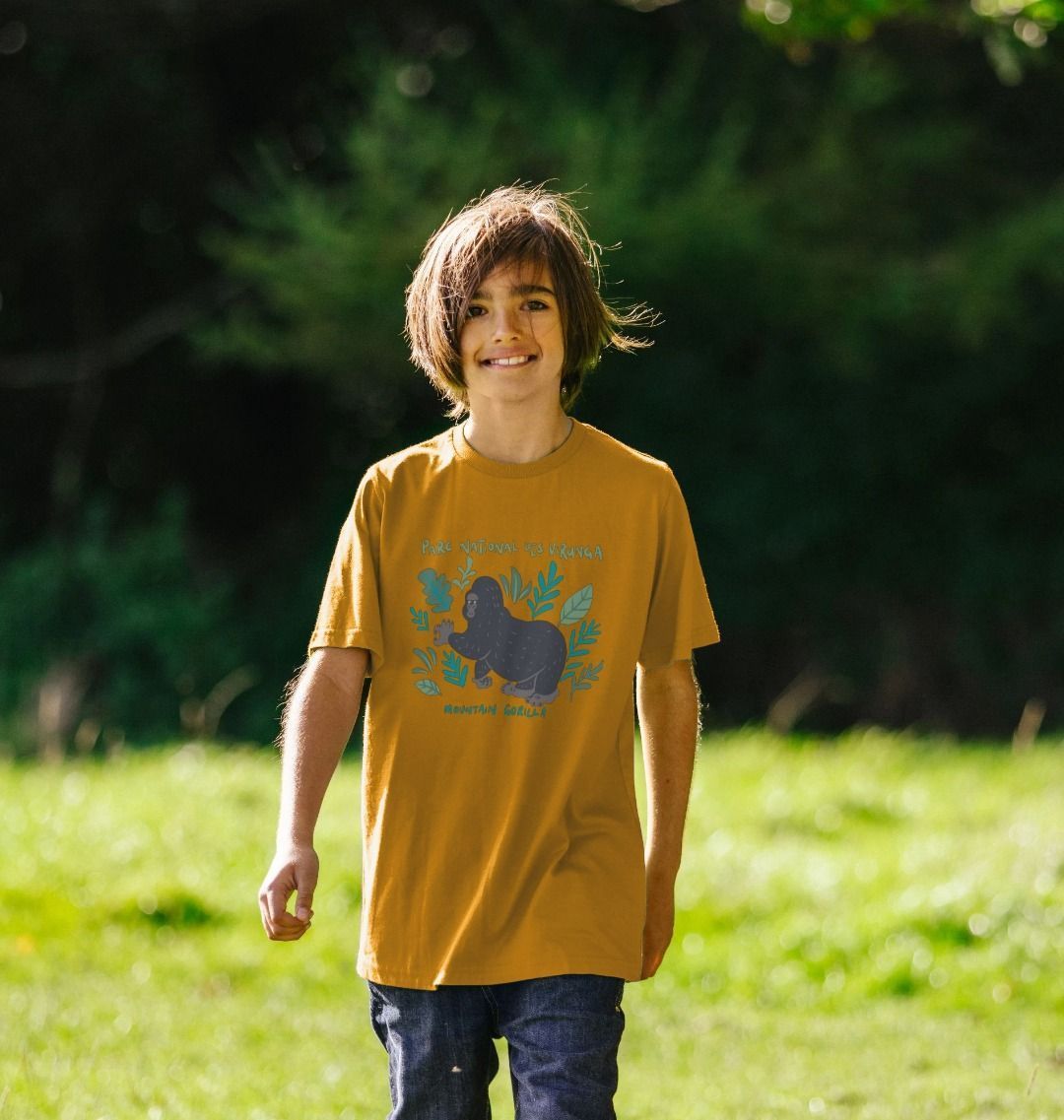 A child wearing a mustard kid's gorilla t-shirt