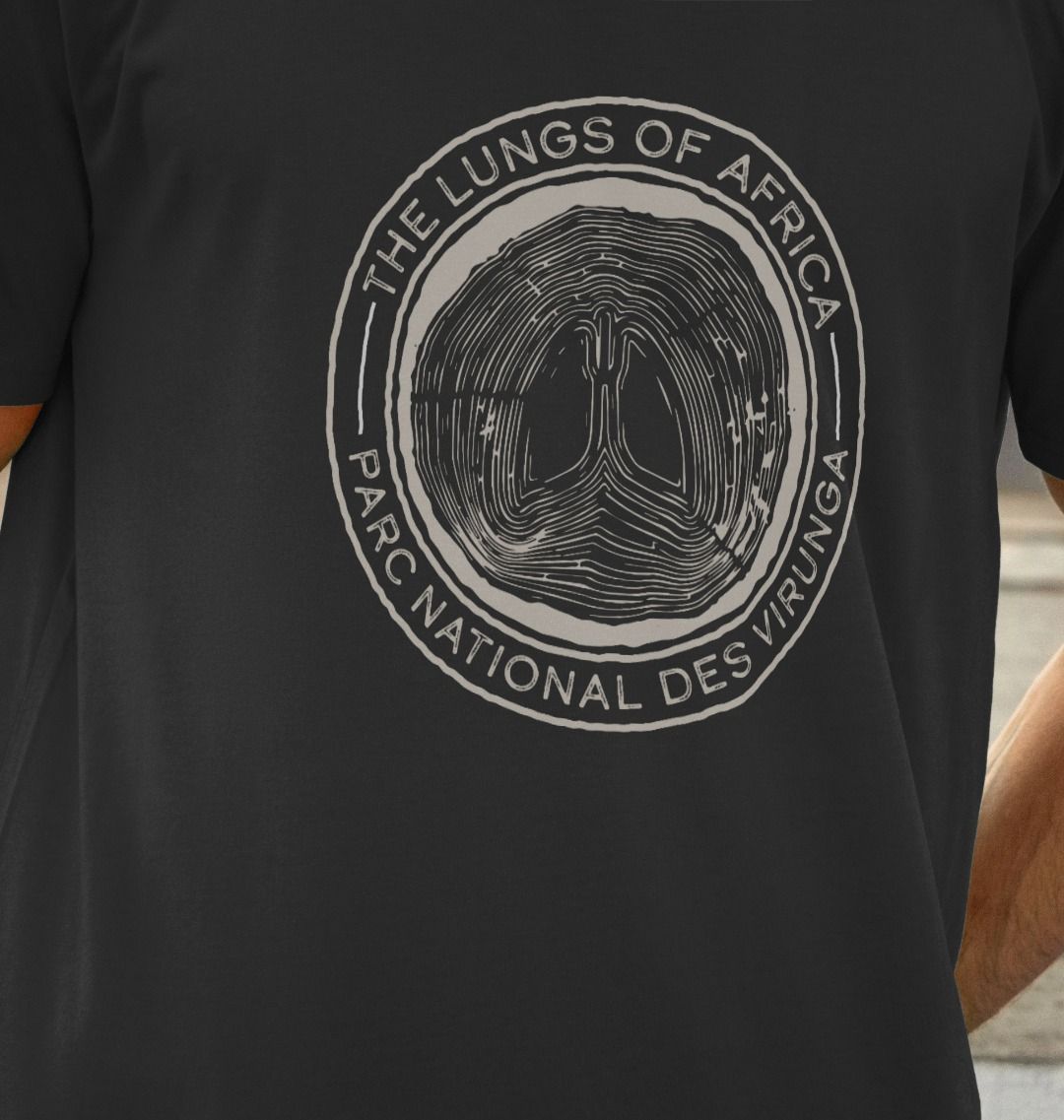 A man wearing a dark grey Lungs of Africa Men's T-shirt