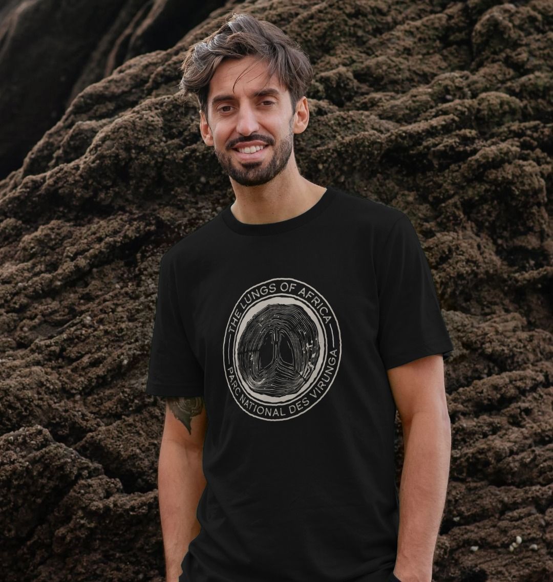 A man wearing a black Lungs of Africa Men's T-shirt