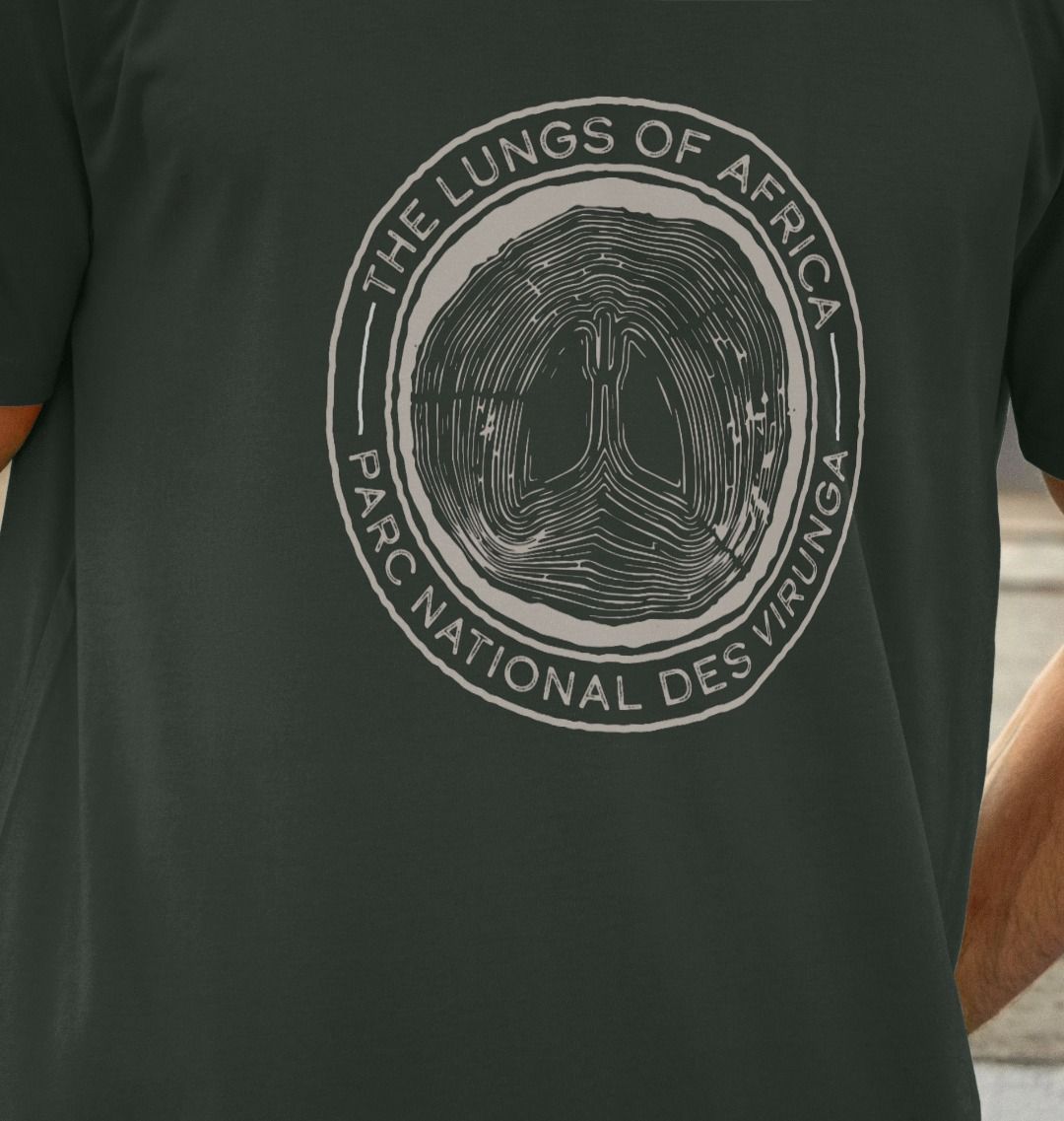 A man wearing a black Lungs of Africa Men's T-shirt 