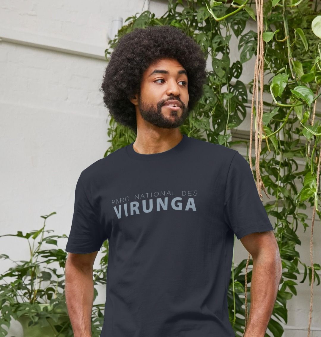 A man wearing a black parc national des virunga men's t-shirt