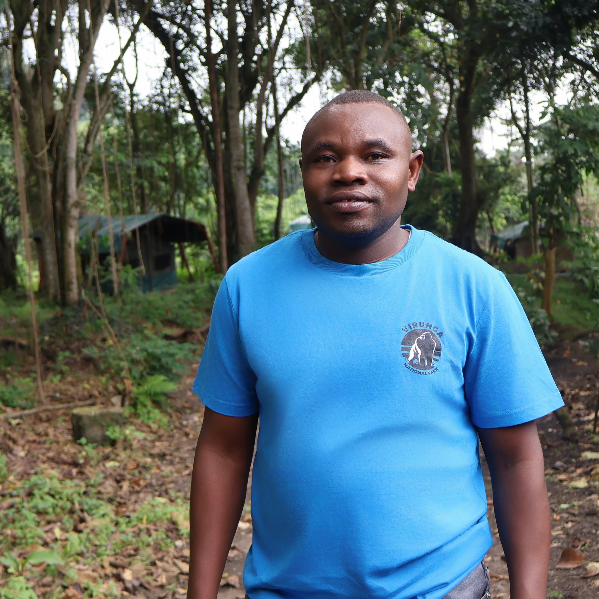 A man wearing a bright blue gorilla men's t-shirt standing in a natural setting with trees in the background.