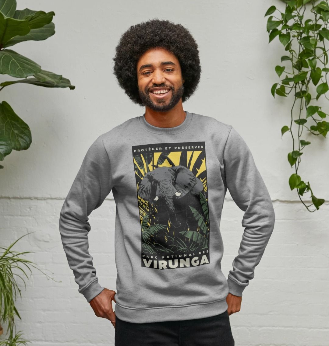 A man wearing a light heather African Elephant Yellow Print Men's Sweater