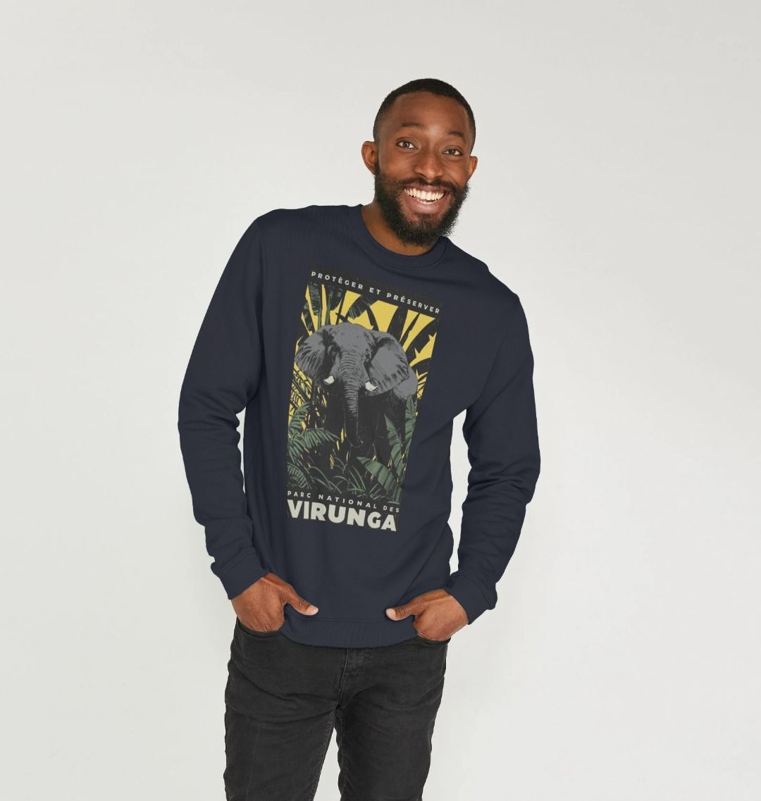 A man wearing a navy blue African Elephant Yellow Print Men's Sweater