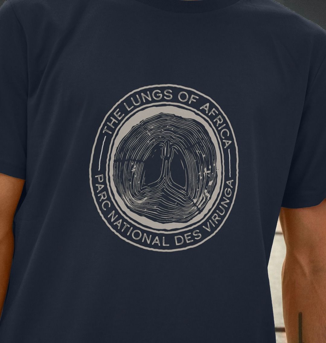 A man wearing a navy blue Lungs of Africa Men's T-shirt