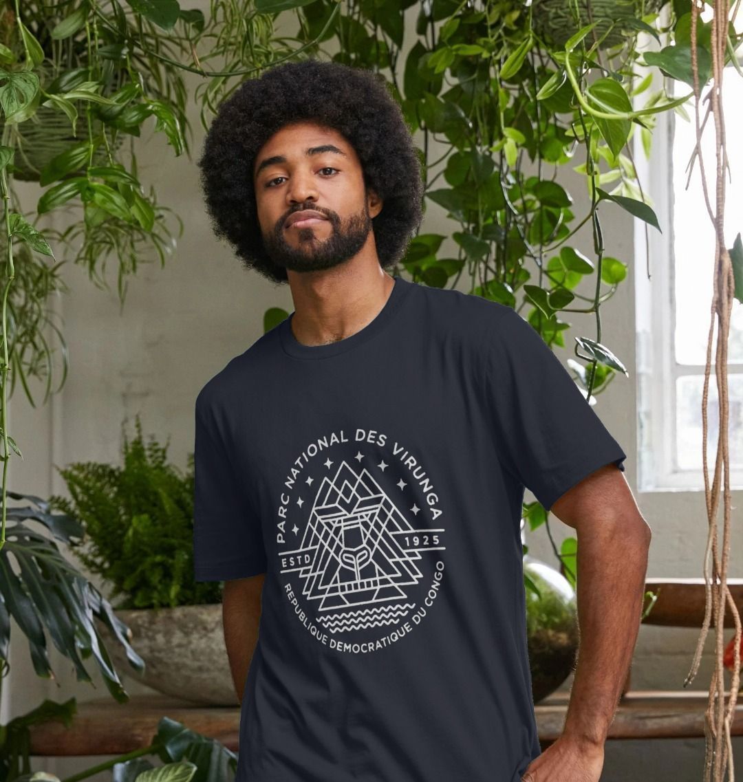 A man wearing a navy blue Virunga Emblem Men's T-shirt