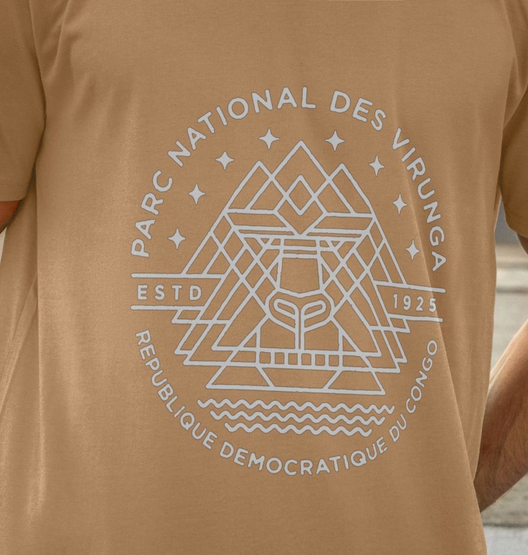 A man wearing a sage Virunga Emblem Men's T-shirt