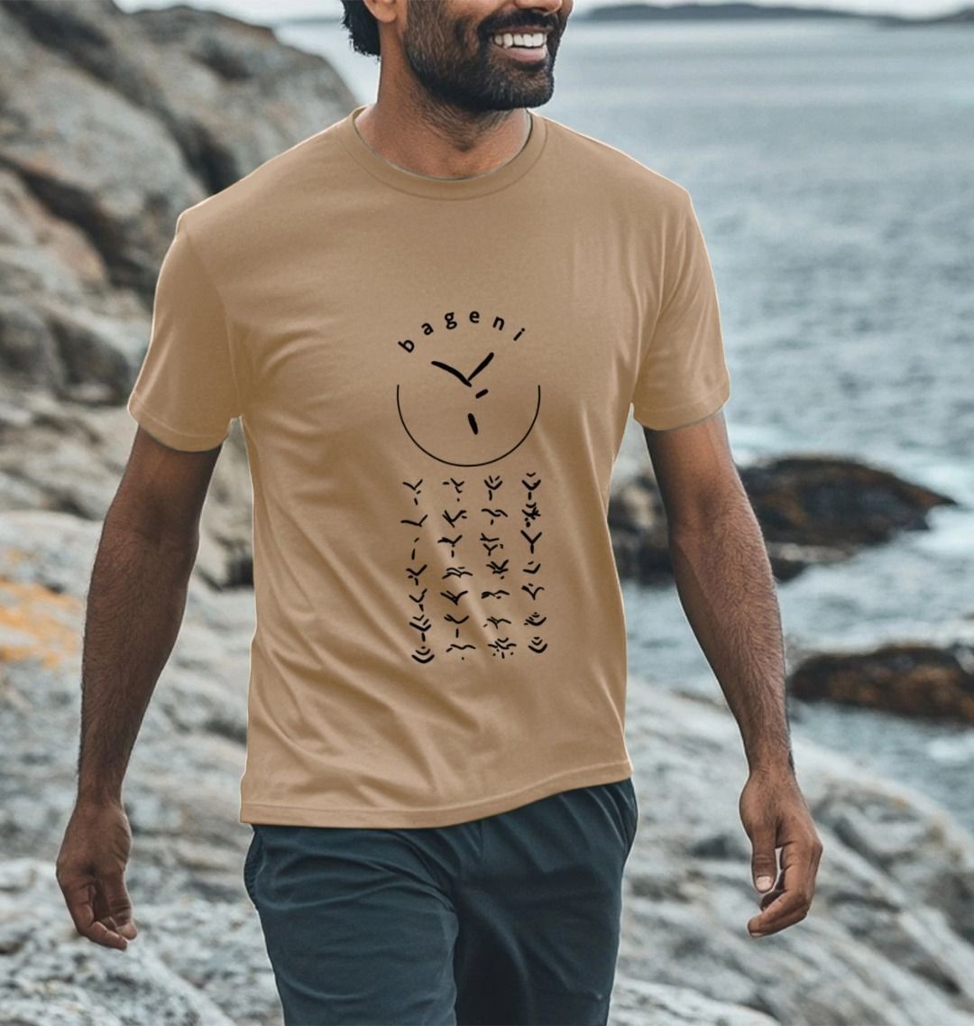 A man wearing a sand bageni family men's t-shirt.