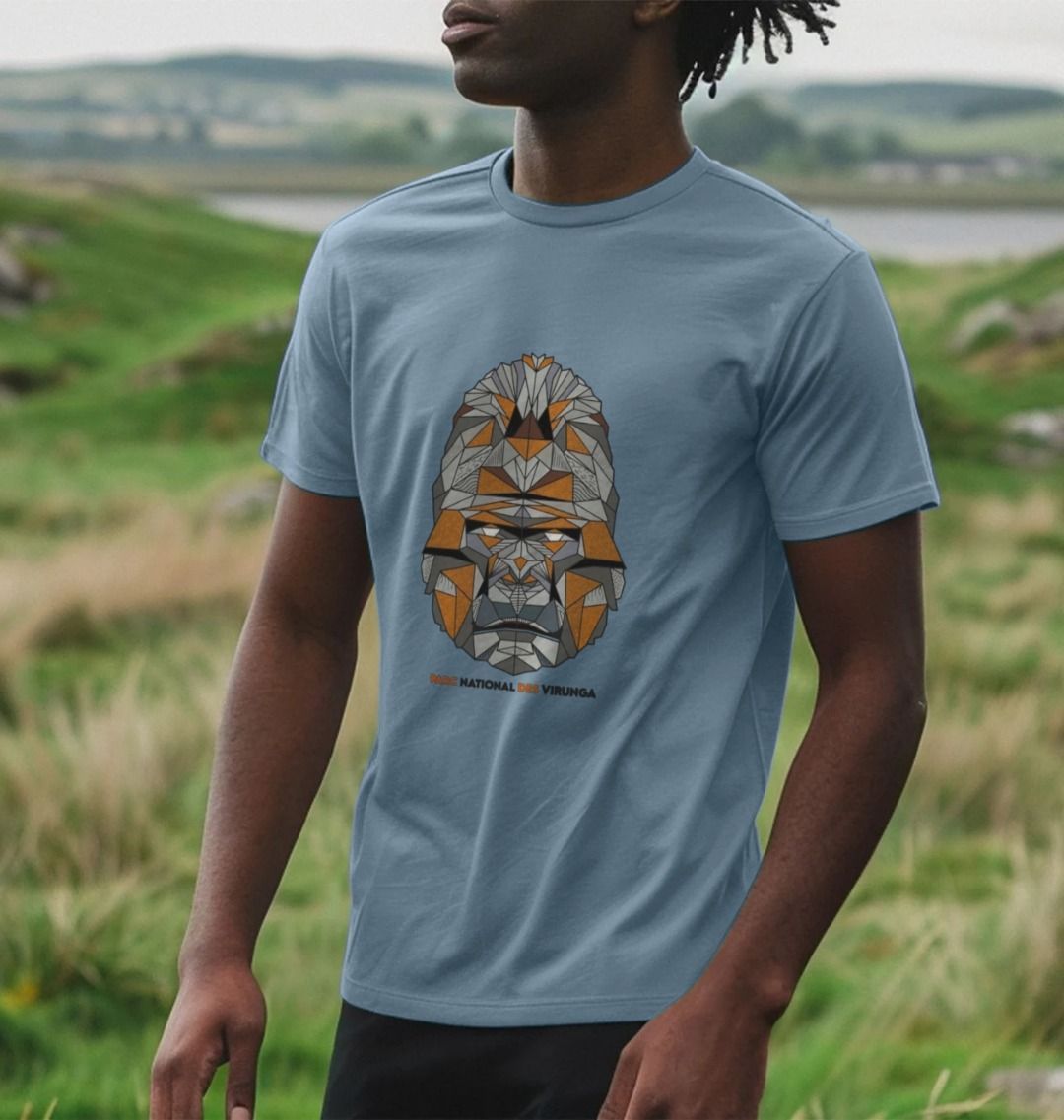 A man wearing a stone blue Men's Gorilla Face T-shirt