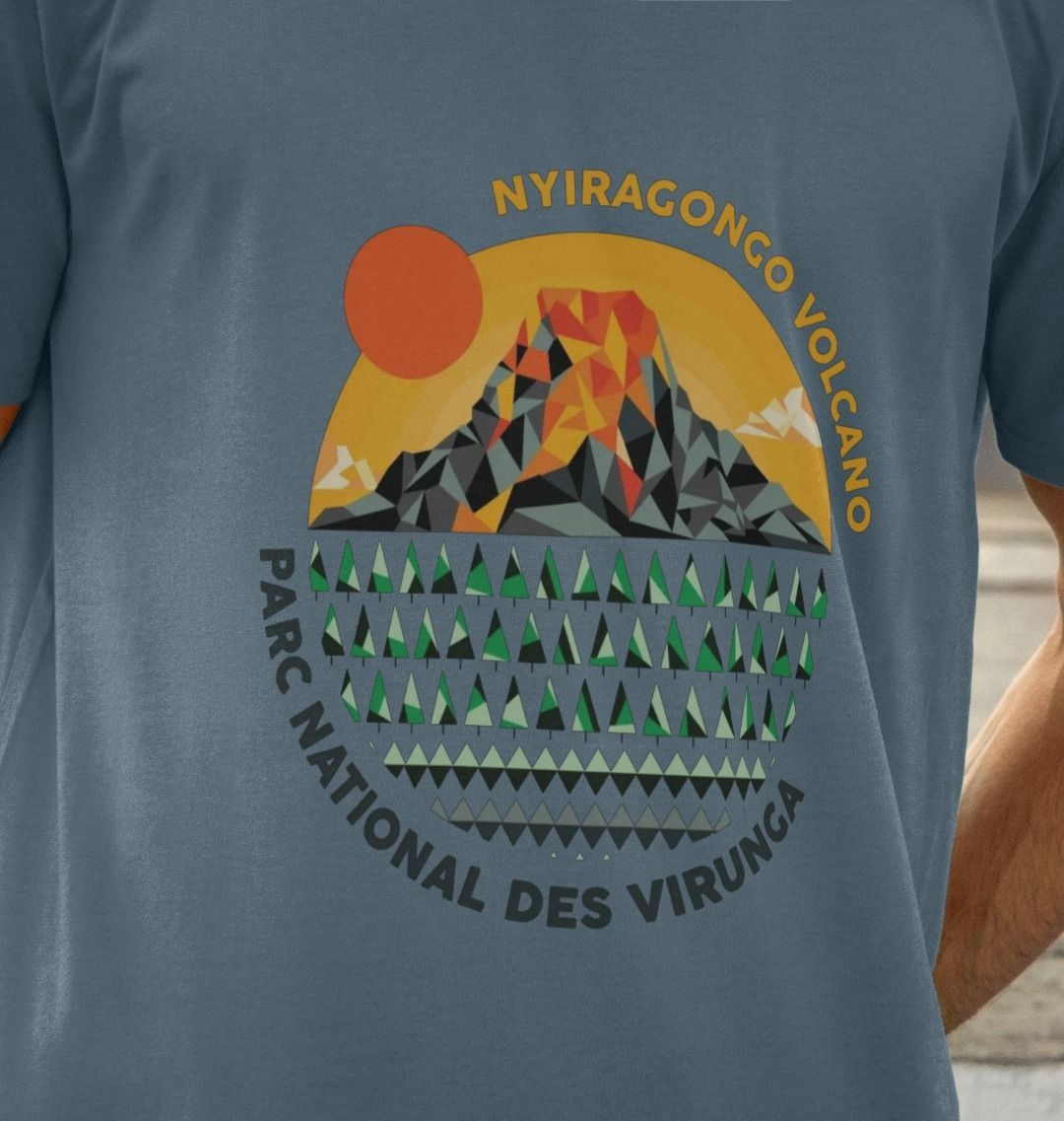 A man wearing a stone blue Nyiragongo Volcano Men's T-shirt