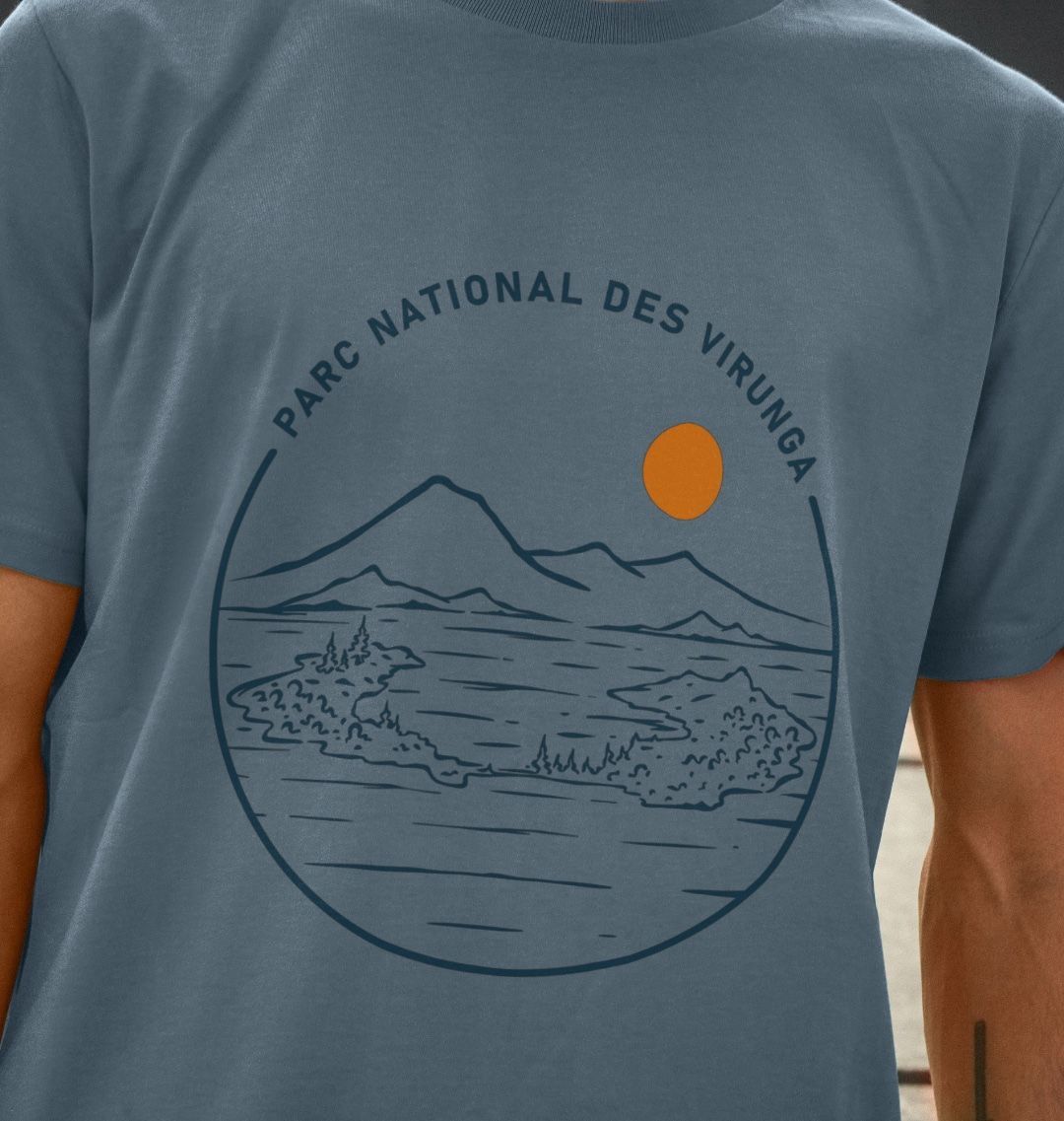 A man wearing a stone blue Tchegera Island T-shirt for men