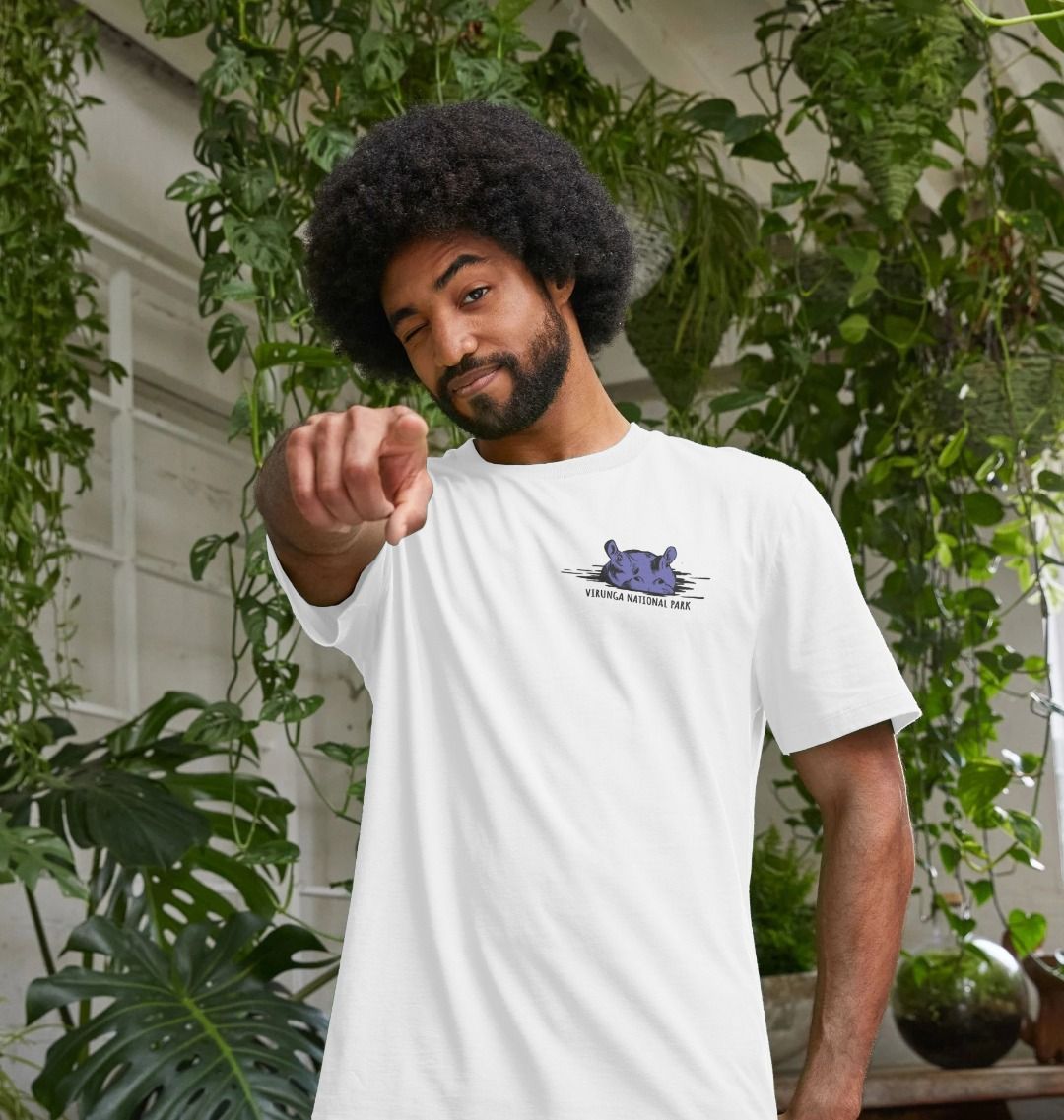 A man wearing a white Virunga Hippo T-shirt