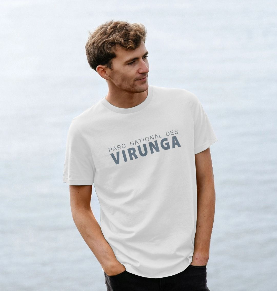 A man wearing a white parc national des virunga men's t-shirt