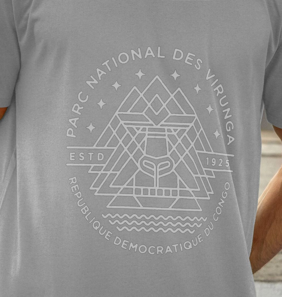 A man wearing an athletic grey Virunga Emblem Men's T-shirt