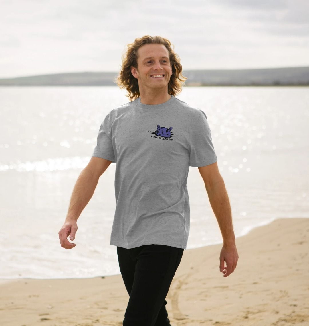 A man wearing an athletic grey Virunga Hippo T-shirt