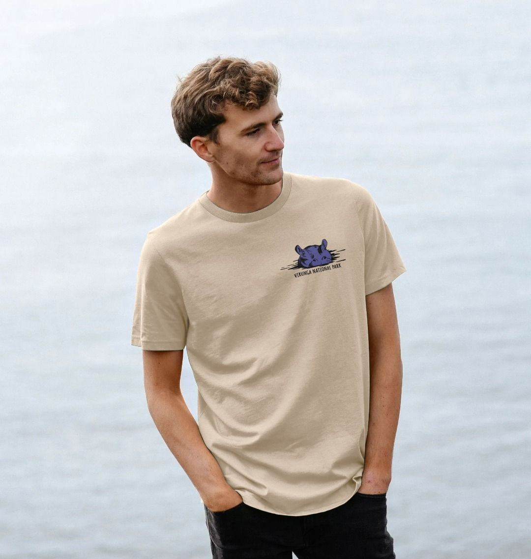 A man wearing an oast Virunga Hippo T-shirt