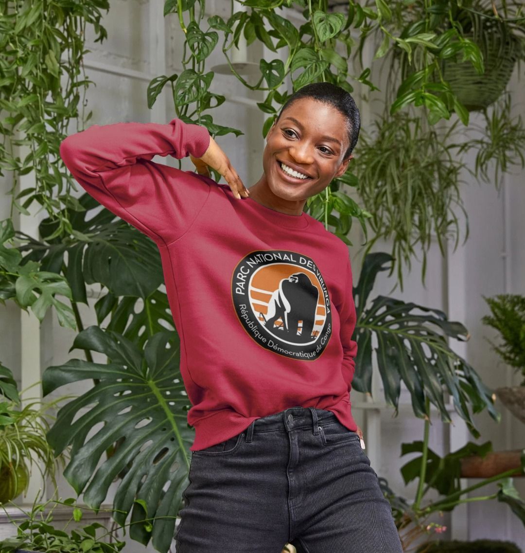 A woman wearing a cherry Virunga Logo Women's Sweater