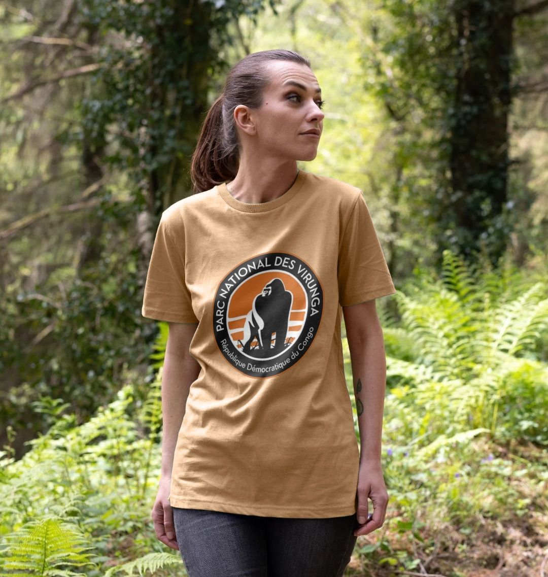A woman wearing a sand Virunga Logo Women's T-shirt
