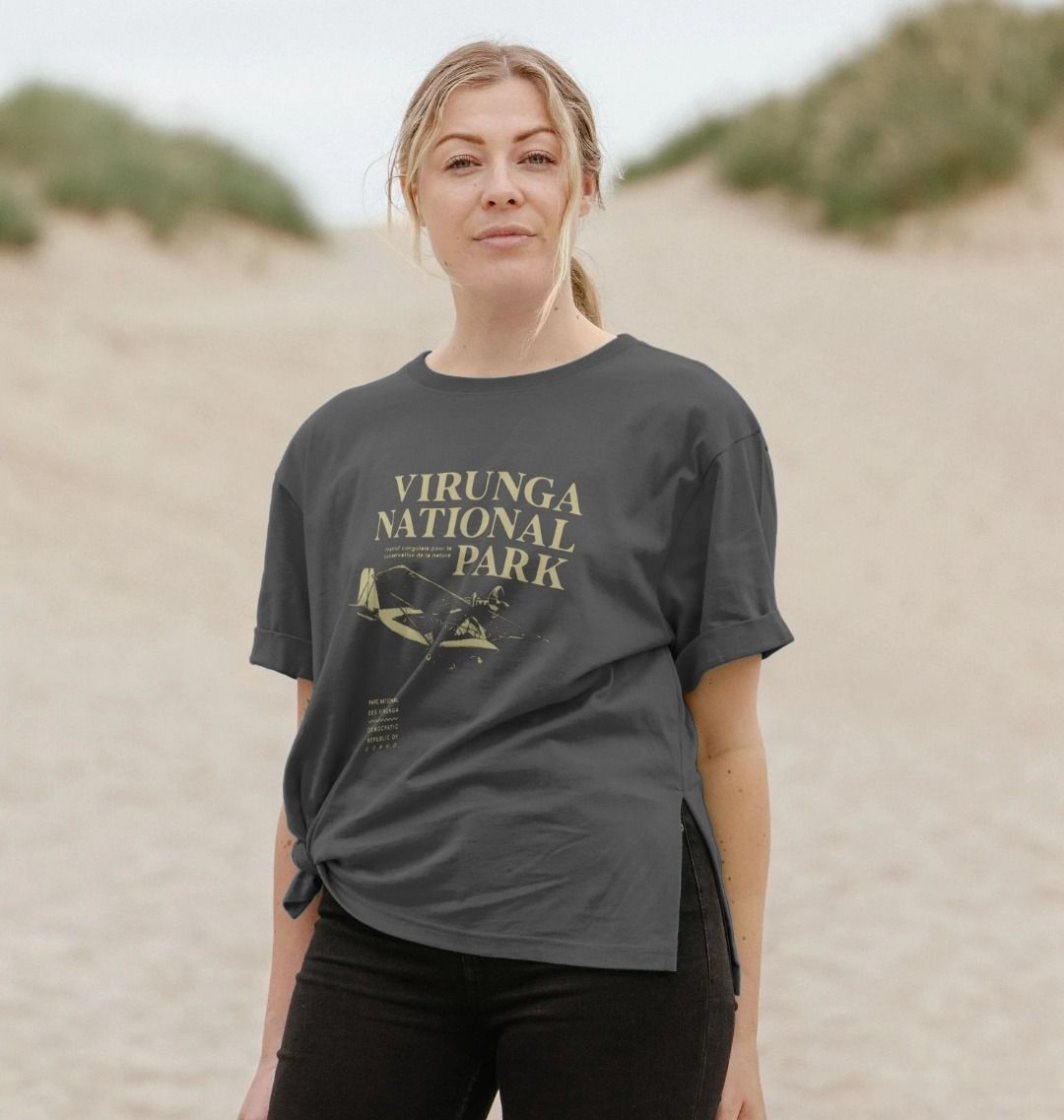 A woman wearing a state grey Virunga Pilot Women's Relaxed Tee