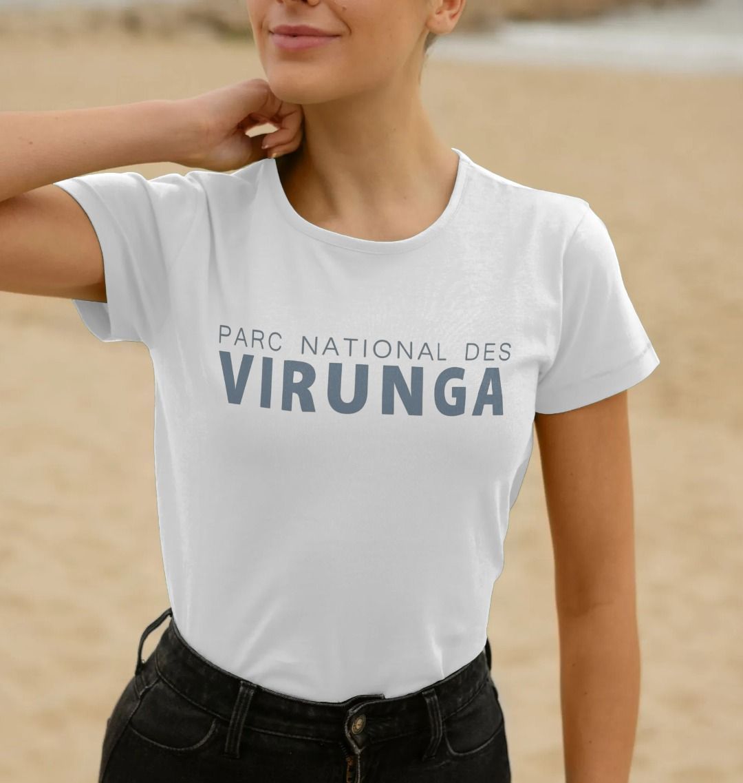 A woman wearing a white Parc National des Virunga Women's Top