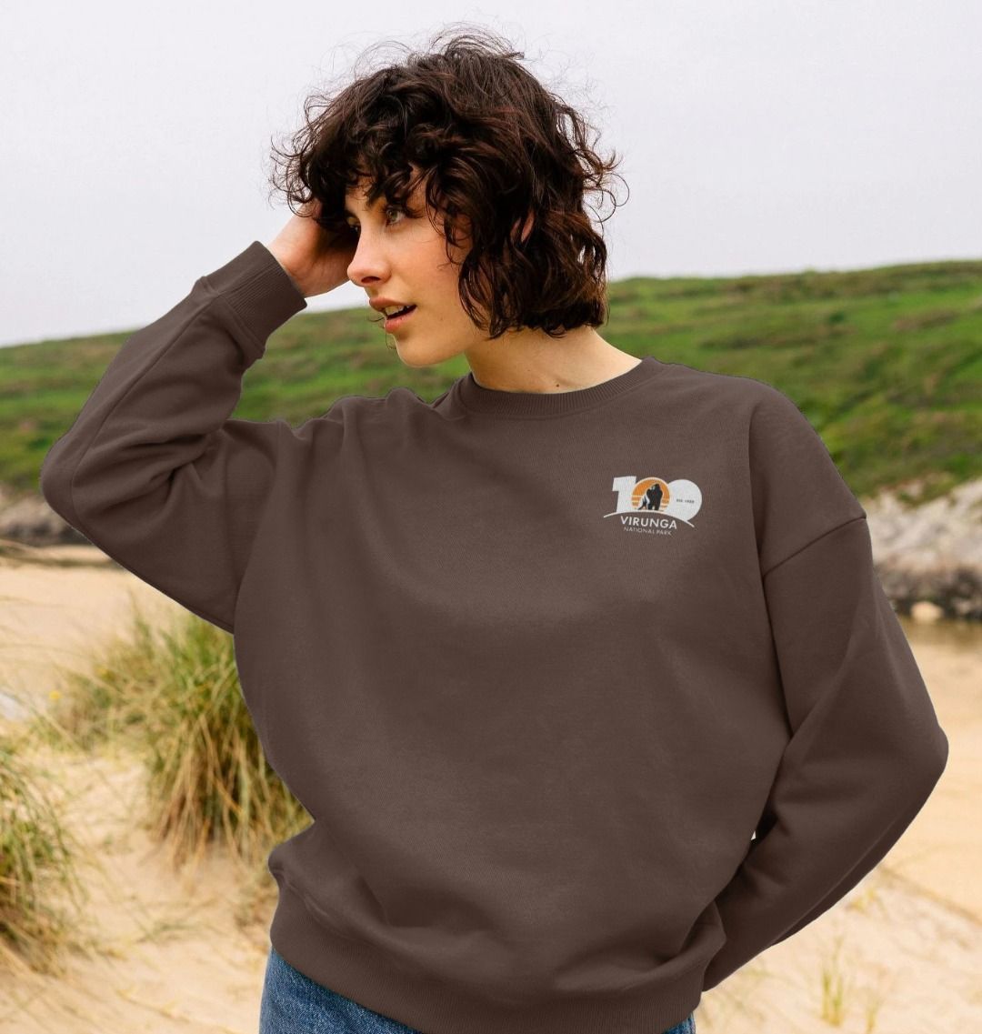 A nice girl wearing Chocolate Virunga 100 Women's Oversized Jumper
