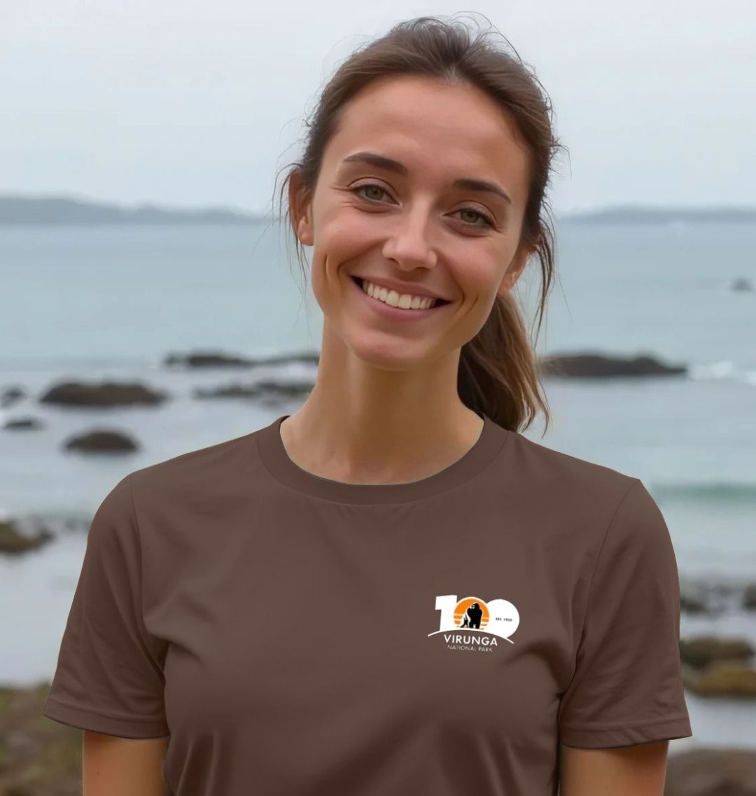 A woman wearing a chocolate Virunga 100 Women's T-shirt 