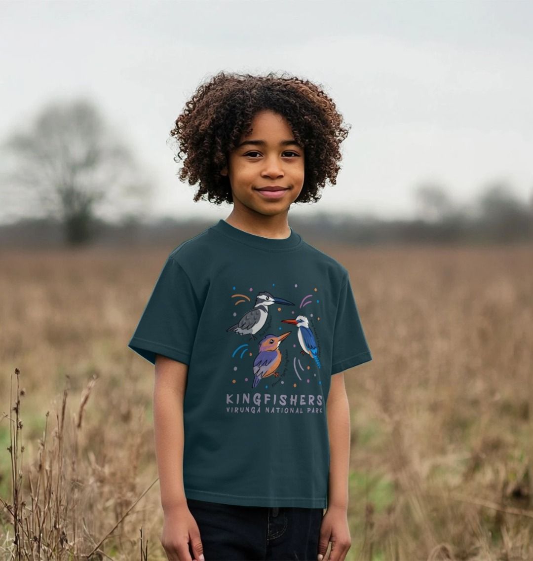 A kid wearing a navy Kingfisher Kids T-shirt