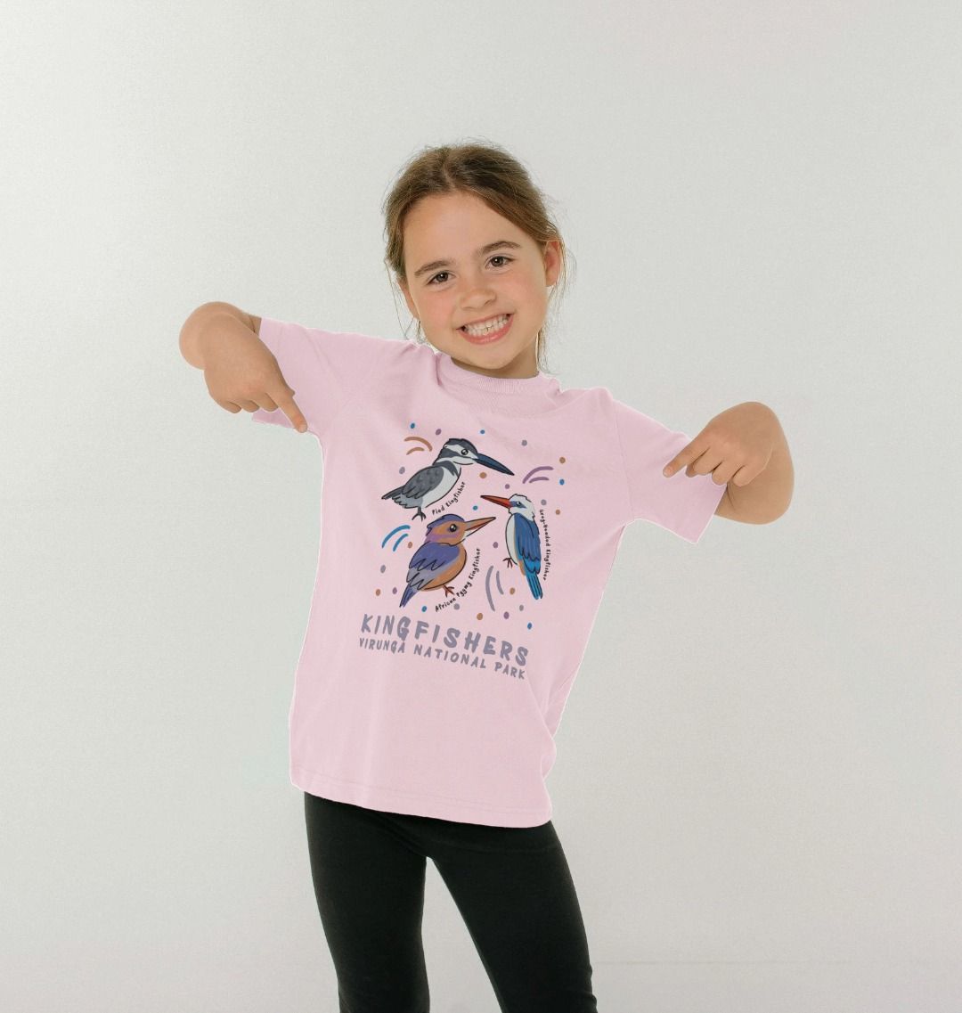 A kid wearing a pink Kingfisher Kids T-shirt