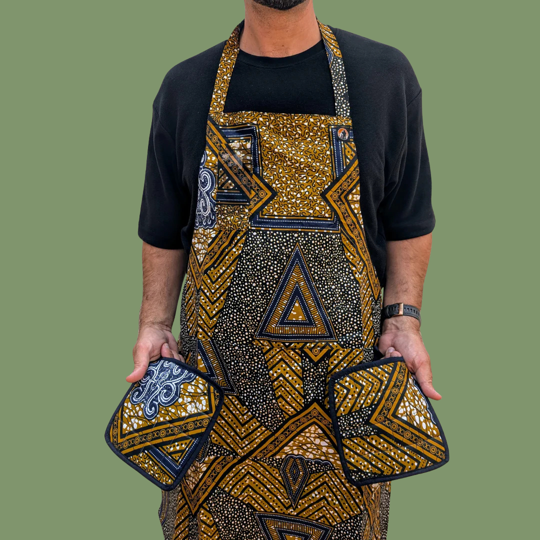 Person wearing a Kitenge Apron Oven Mits Brown