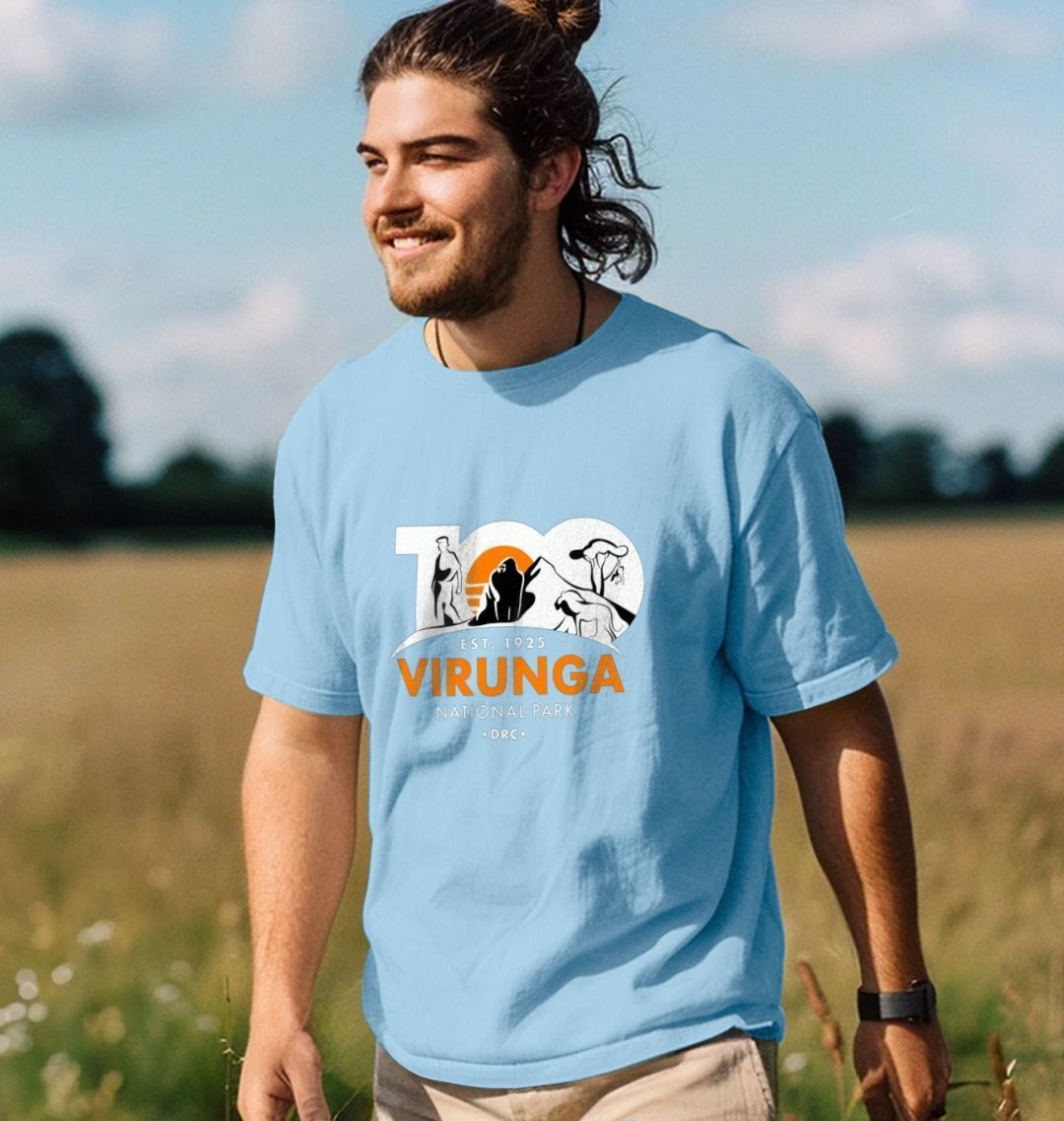 Man wearing a milky blue Virunga 100 Men's Oversize T-shirt